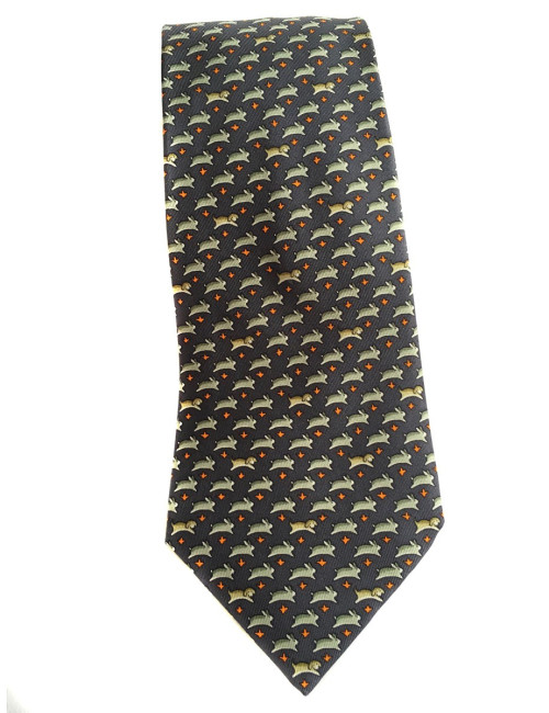 Cravate HERMES en twill de soie bleu, vert et orange