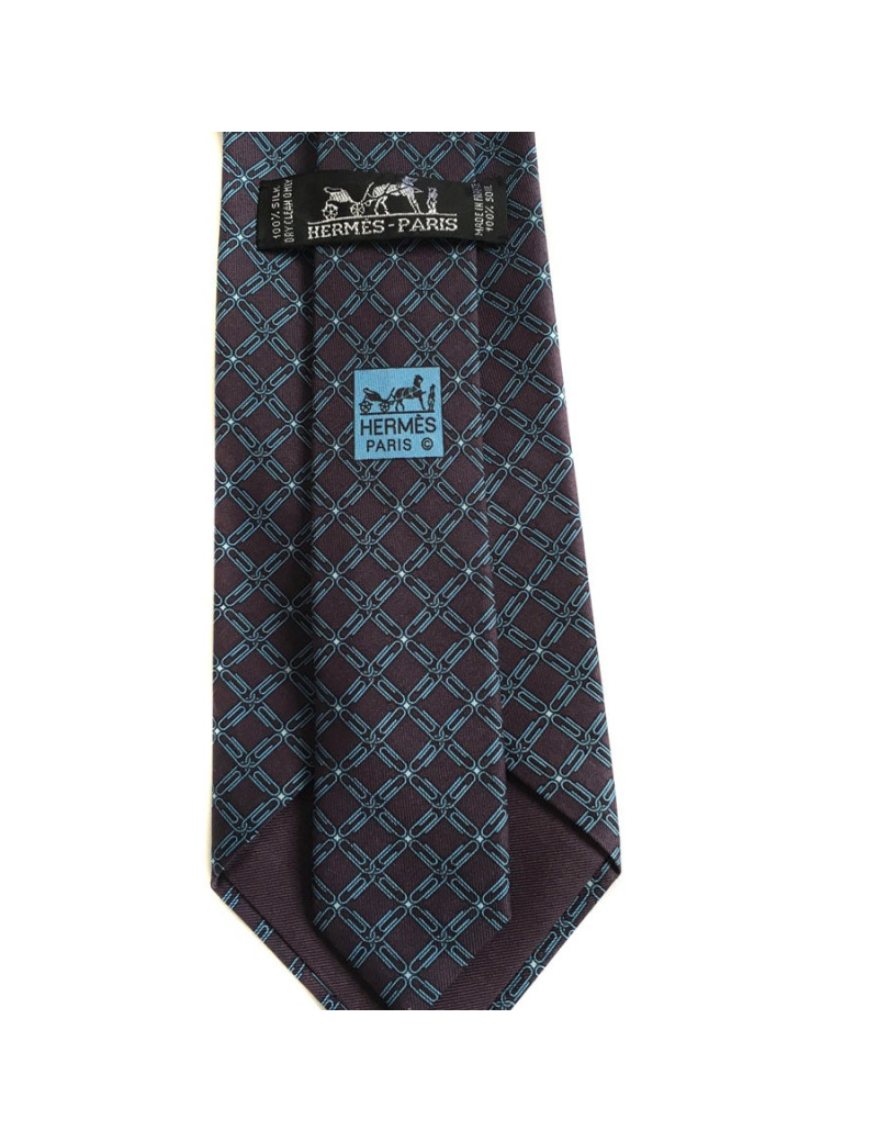 Cravate HERMES en twill de soie prune, bleu ciel et blanc