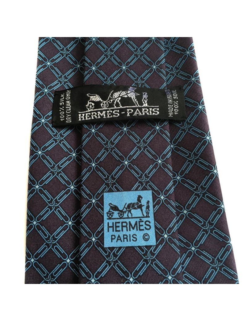 Cravate HERMES en twill de soie prune, bleu ciel et blanc
