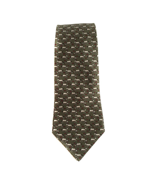 Cravate HERMES en twill de soie vert, blanc et fuschia