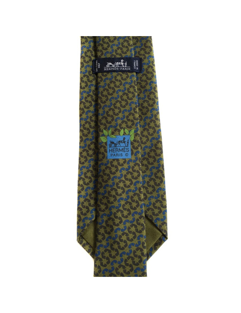 Cravate HERMES en soie vert, gris et bleu