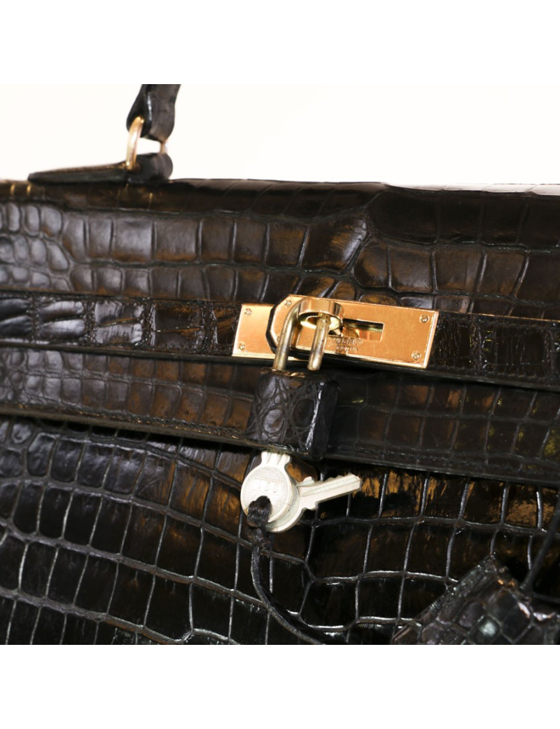 Sac Kelly 35 HERMES crocodile noir vintage