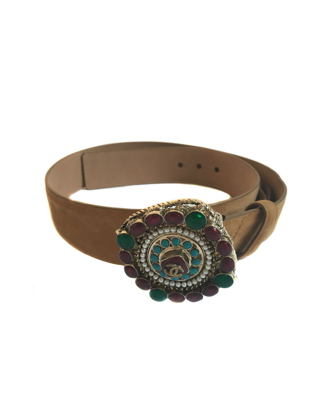 CHANEL byzantine buckle belt in beige suede leather size 80EU