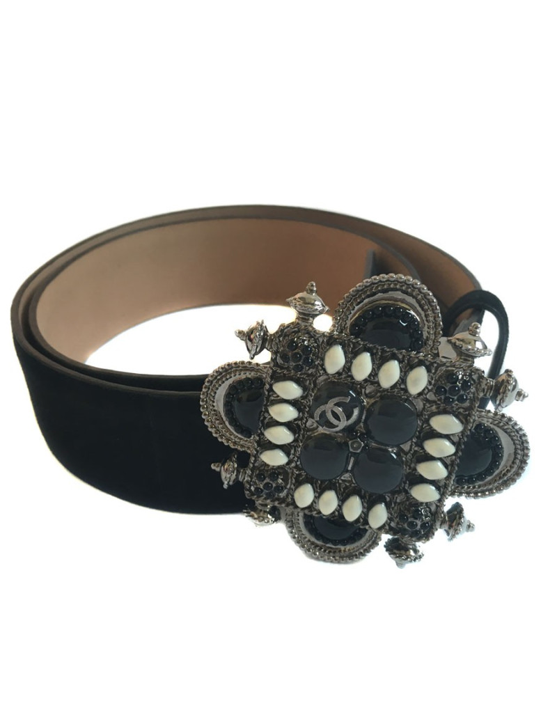 Ceinture CHANEL T 80 boucle bijou ivoire, gris et noir