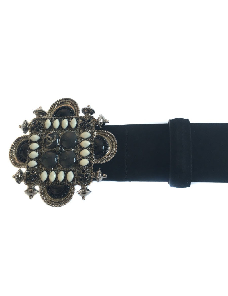 Ceinture CHANEL T 80 boucle bijou ivoire, gris et noir