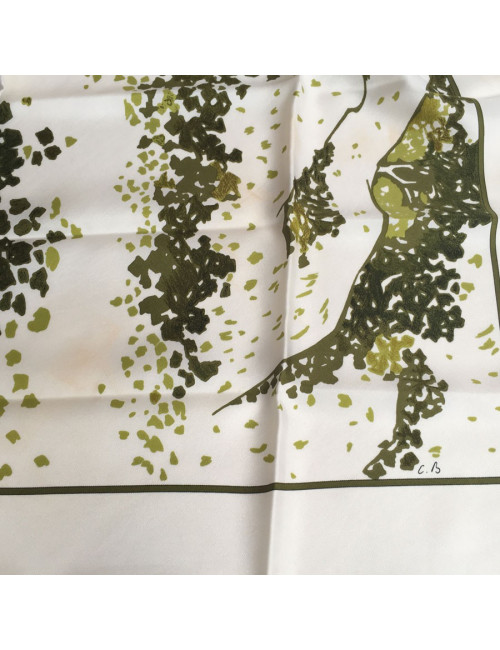 Carré Trois feuilles Hermes en soie blanche et verte 