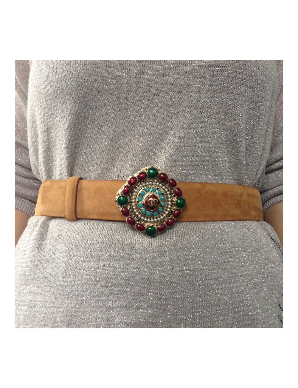 CHANEL byzantine buckle belt in beige suede leather size 80EU