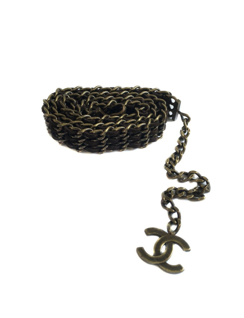 Ceinture CHANEL 3 rangs chaine et cuir marron