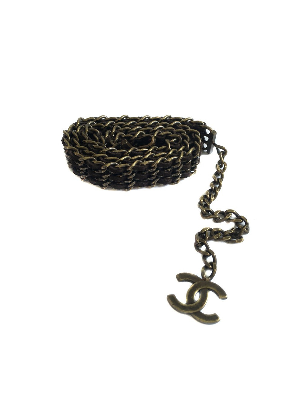 Ceinture CHANEL 3 rangs chaine et cuir marron