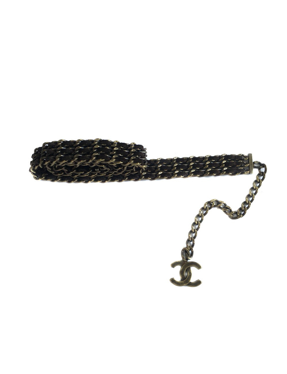 Ceinture CHANEL 3 rangs chaine et cuir marron