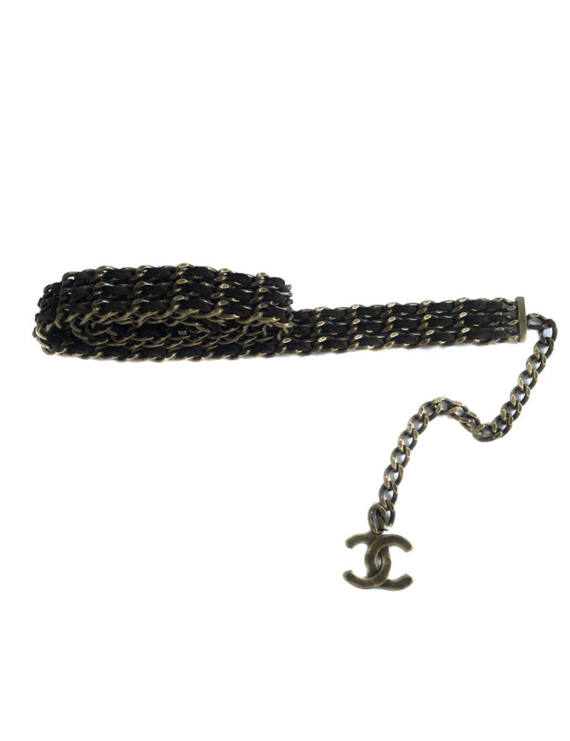 Ceinture CHANEL 3 rangs chaine et cuir marron