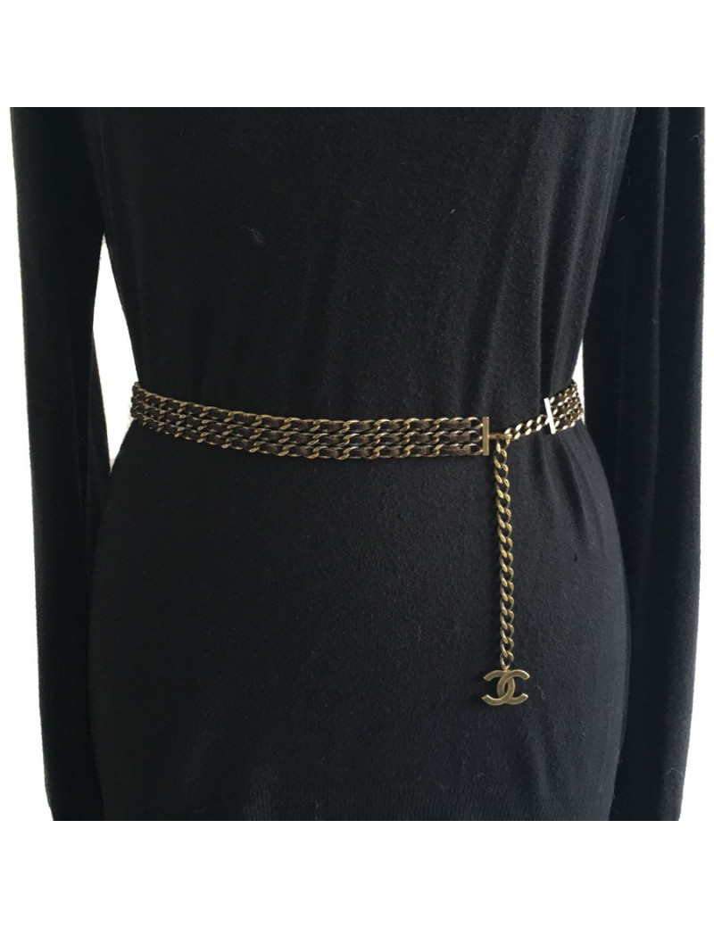 Belt CHANEL 3 row chain and brown leather