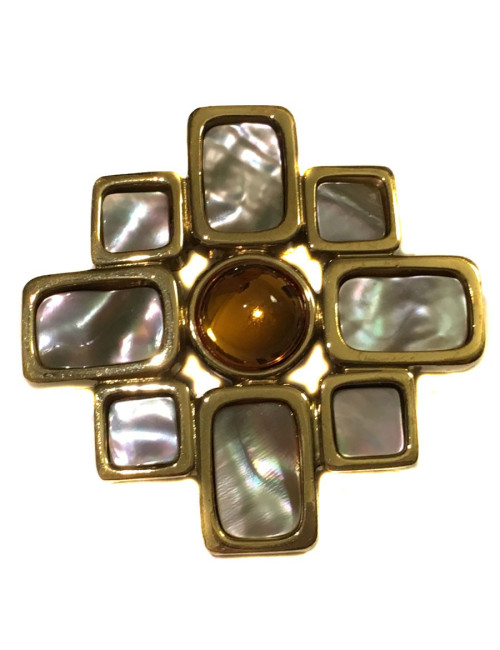 CELINE cross brooch in gilt metal, mother of pearl