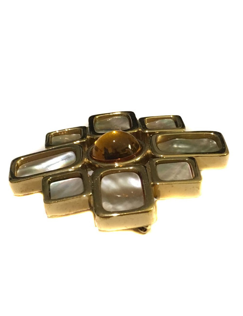 CELINE cross brooch in gilt metal, mother of pearl