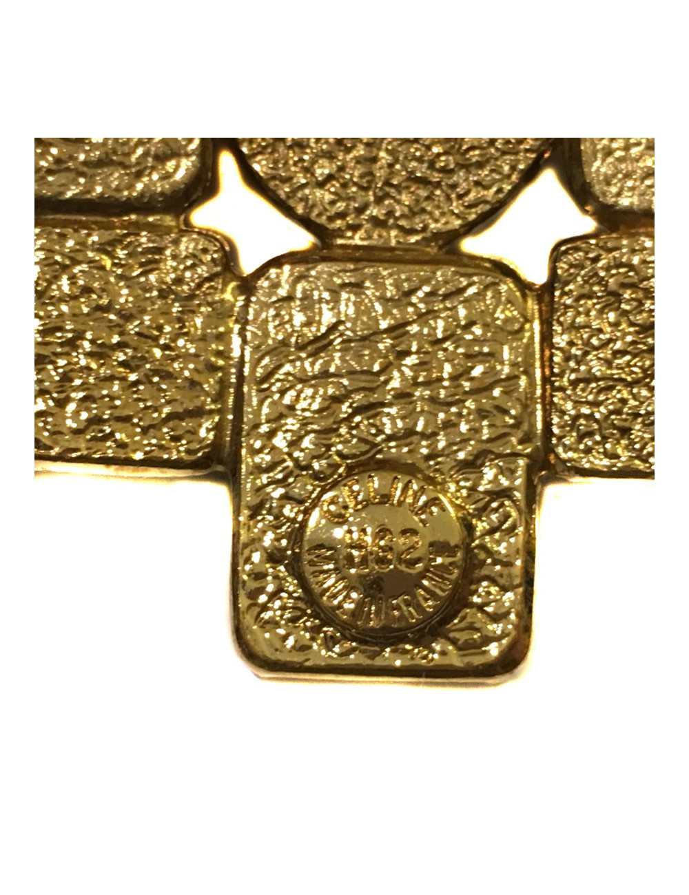 CELINE cross brooch in gilt metal, mother of pearl