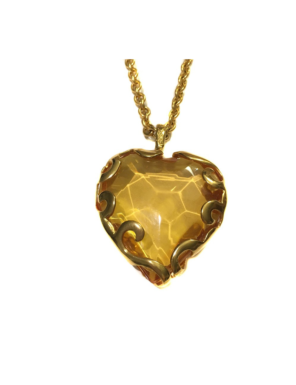 YVES SAINT LAURENT Heart Pendant Necklace in Gilded Metal and Plexiglass