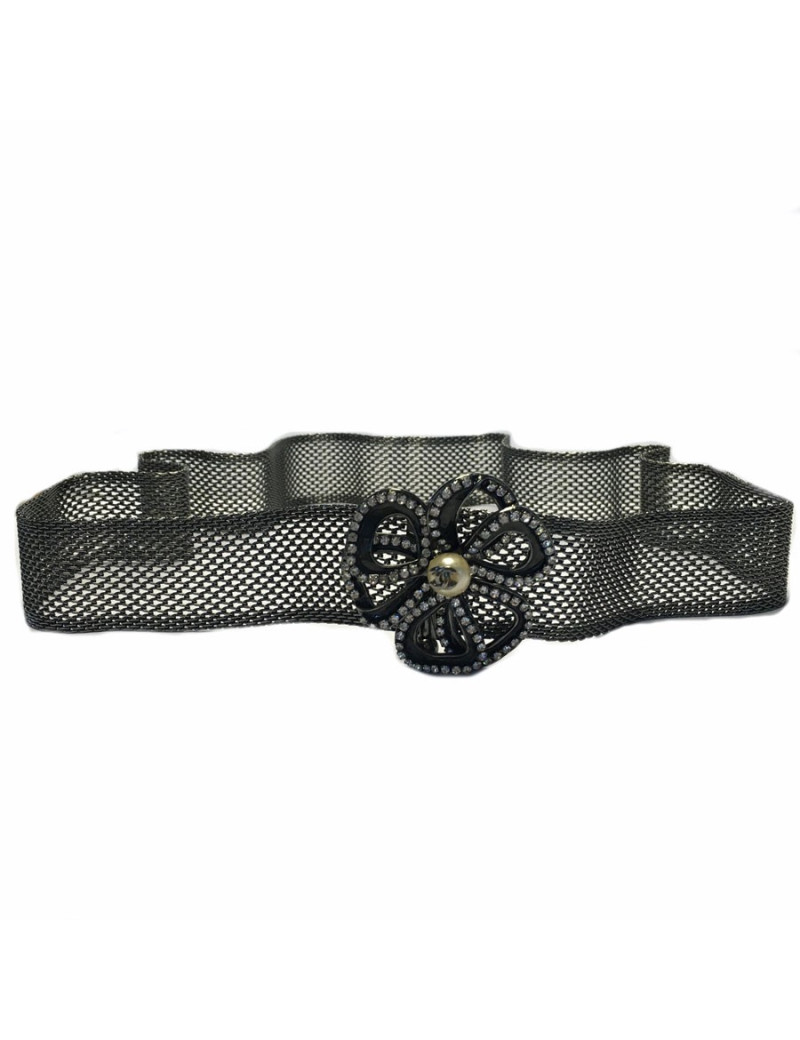 Belt CHANEL in blackened silver knitwear and camelia