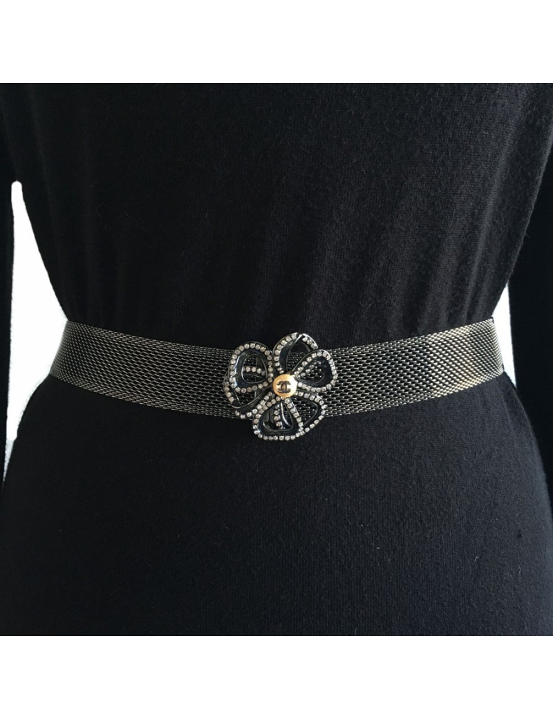 Belt CHANEL in blackened silver knitwear and camelia