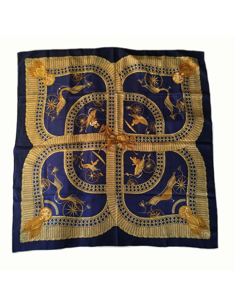 Carré de soie HERMES "Voitures paniers" bleu et or
