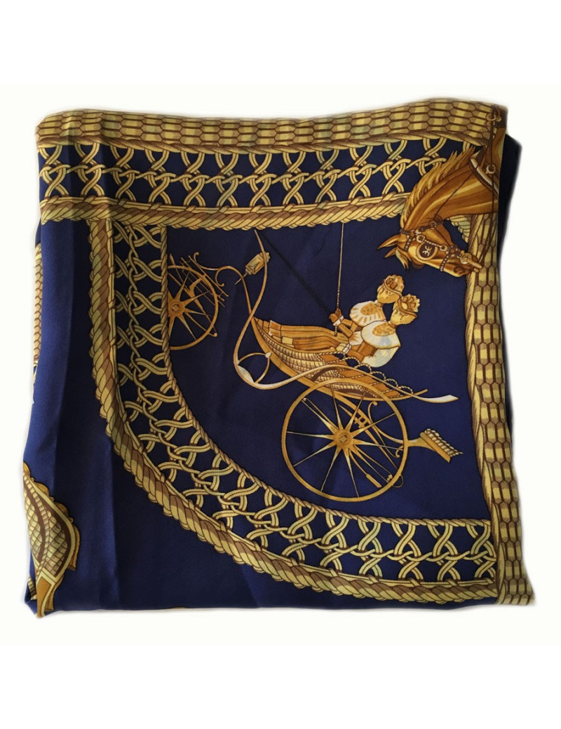 Carré de soie HERMES "Voitures paniers" bleu et or