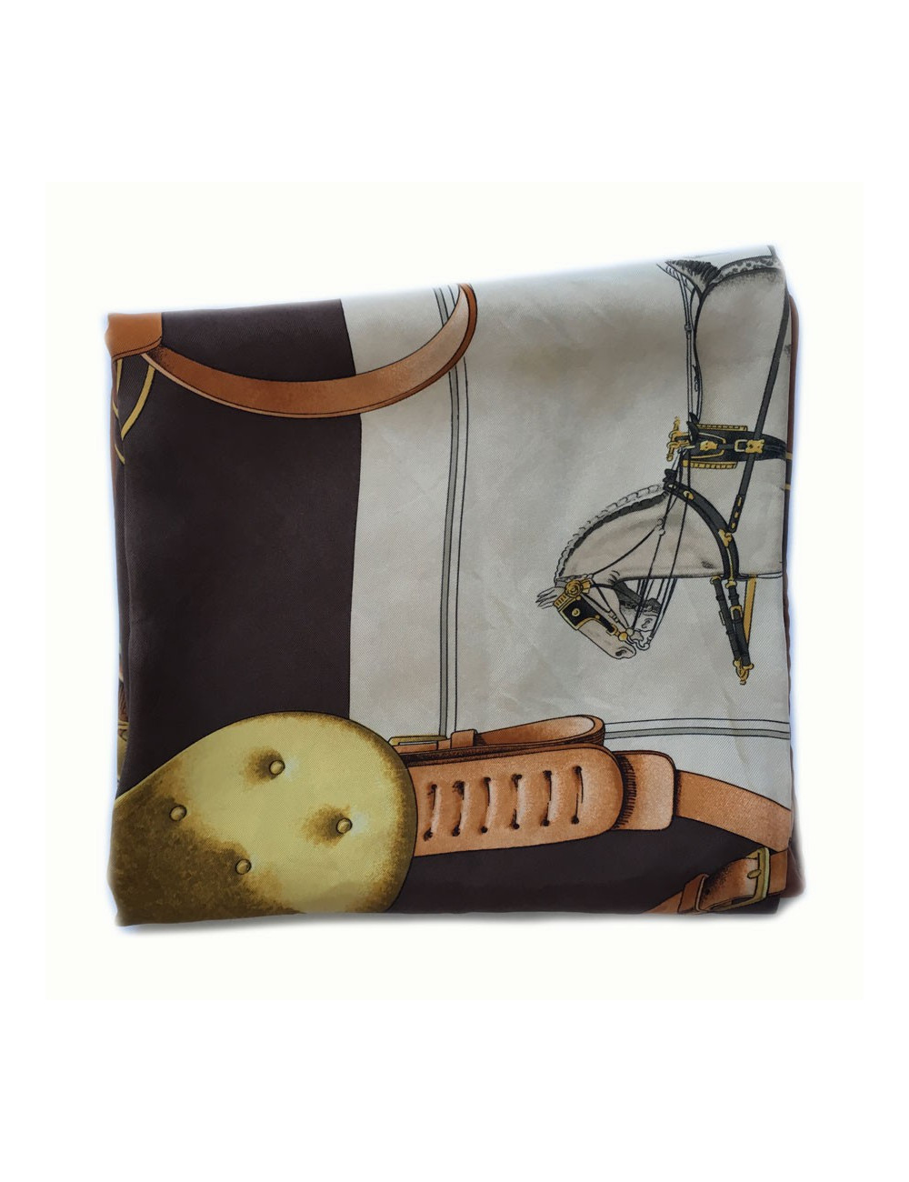  Carré HERMES "Carrick à pompe" en soie marron