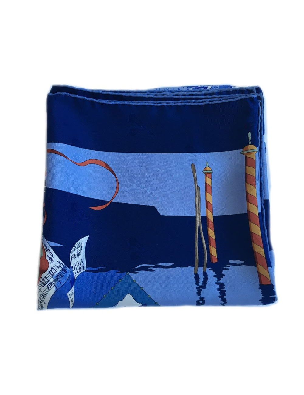  Carré HERMES "Fêtes Vénitiennes" en soie bleue nuit