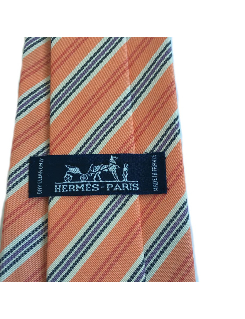 Cravate HERMES en coton et soie orange clair à rayures 