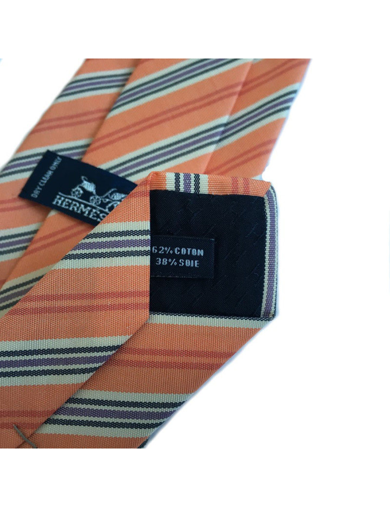 Cravate HERMES en coton et soie orange clair à rayures 