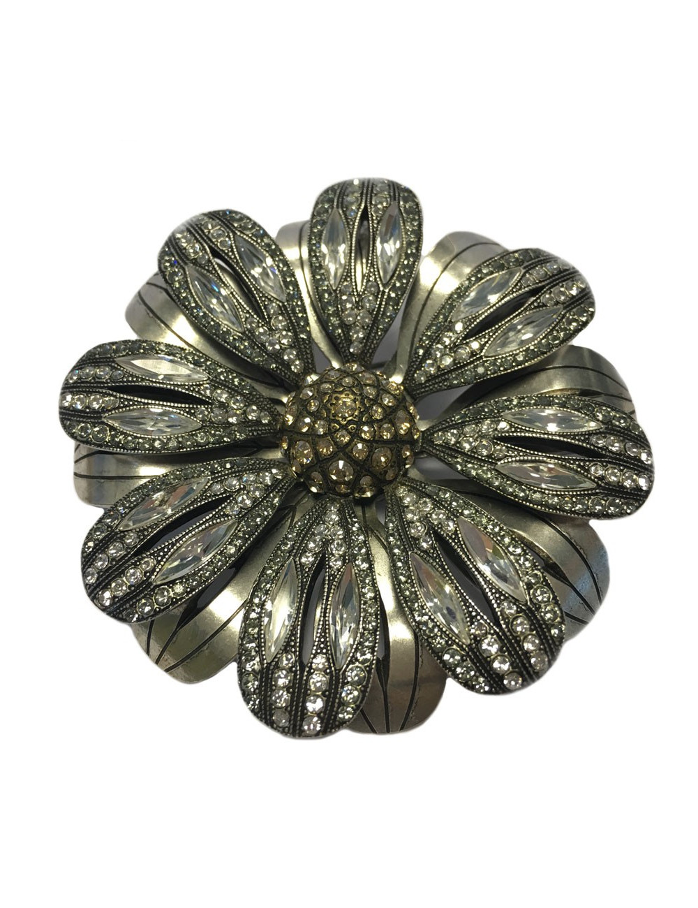 Grande broche marguerite LANVIN en métal argenté et strass