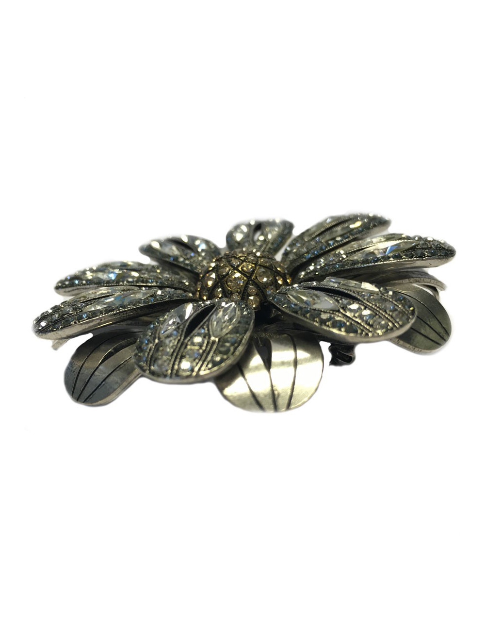 Grande broche marguerite LANVIN en métal argenté et strass