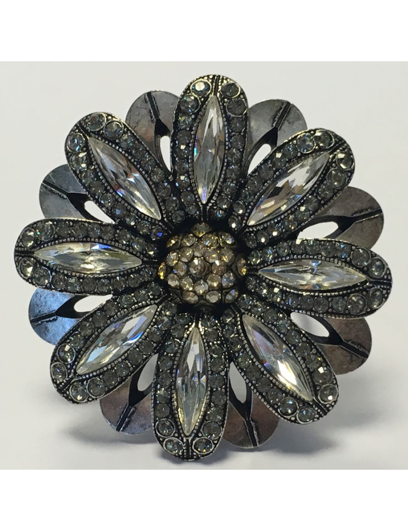 Ring Marguerite LANVIN T55 silver metal and rhinestones