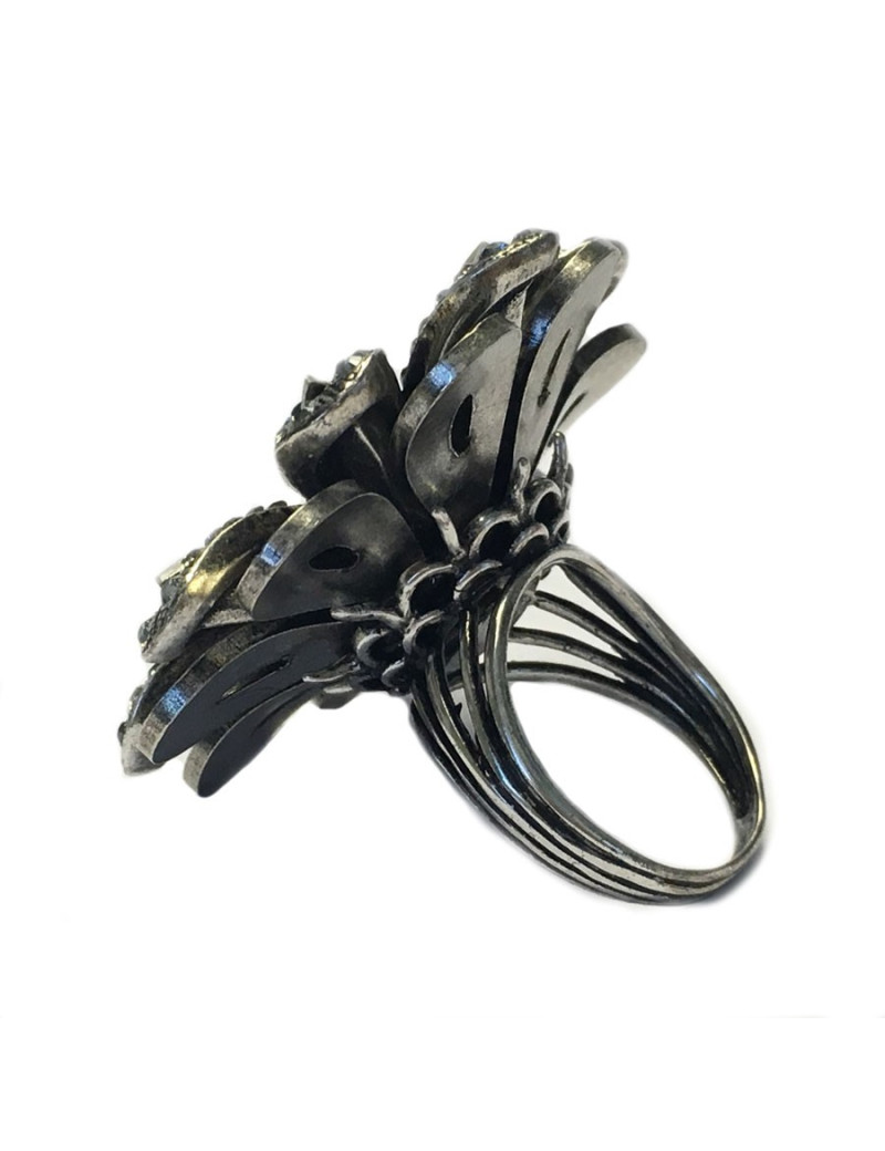 Ring Marguerite LANVIN T55 silver metal and rhinestones