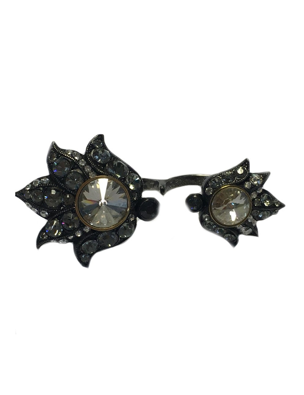 Bague LANVIN 2 doigts en ruthénium et strass 