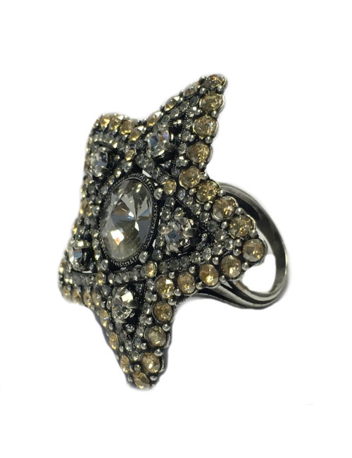 Bague LANVIN T55 étoile en métal argenté et strass blanc et or