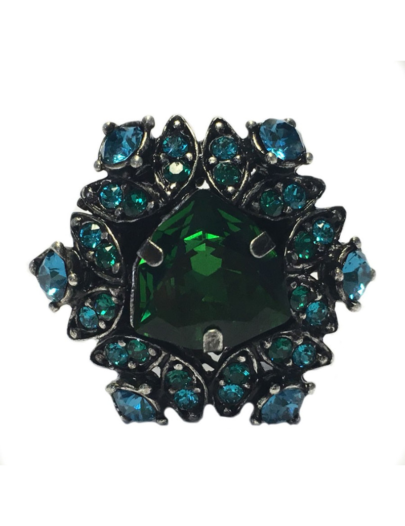 Bague LANVIN T 55 en métal argenté et strass bleu et vert