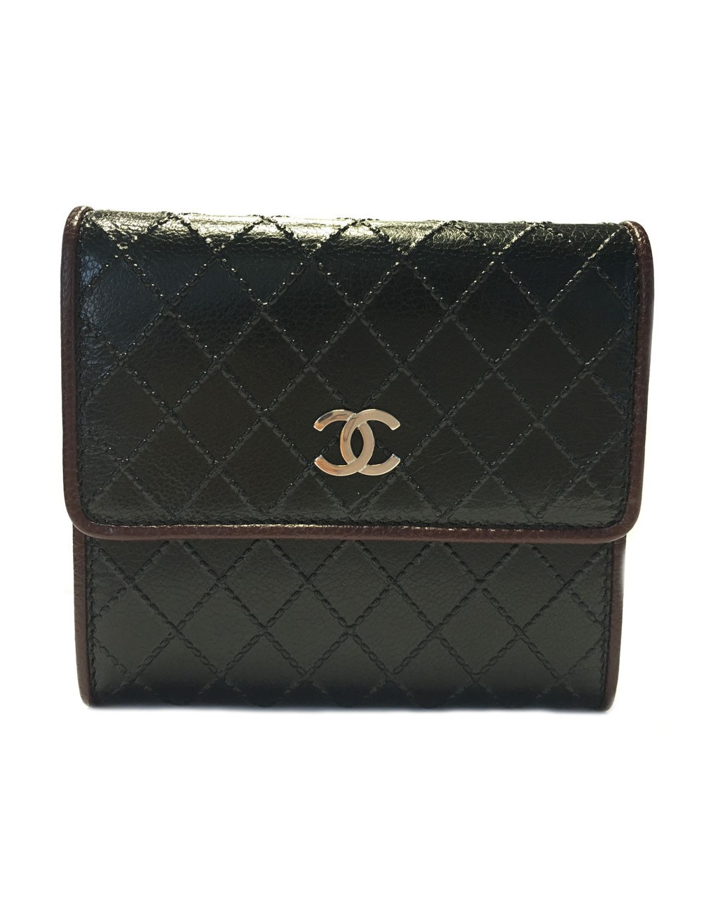 Portefeuille CHANEL en cuir noir tressé et contour bordeaux