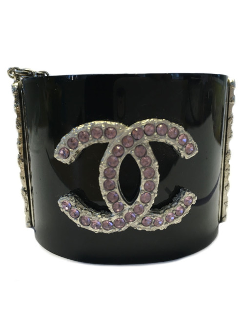 Manchette CHANEL noire et CC en strass mauve