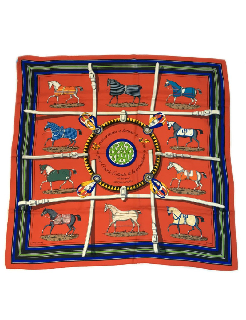 Carré HERMES "Couvertures et tenues de jour pour l'écurie, l'attente et la présentation." en soie rouge