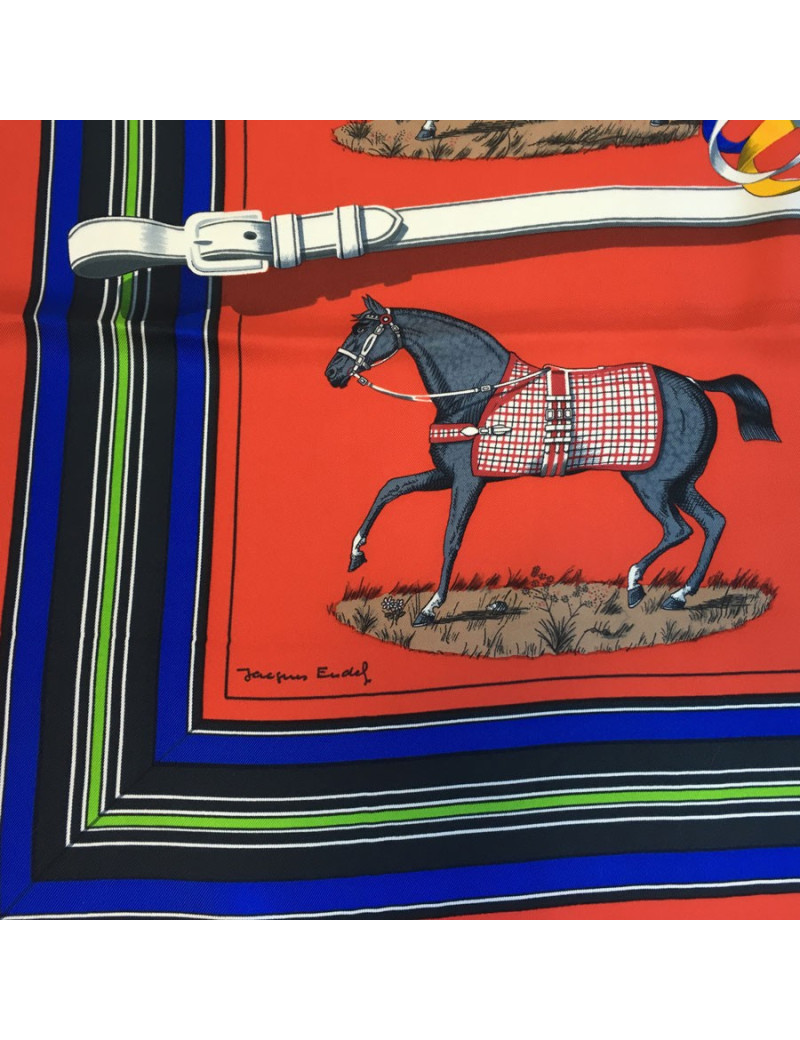 Carré HERMES "Couvertures et tenues de jour pour l'écurie, l'attente et la présentation." en soie rouge