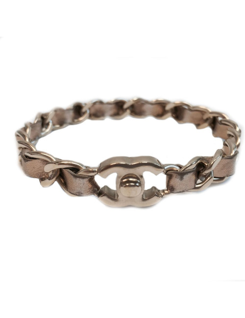 CHANEL bracelet leather interlaced gold metal