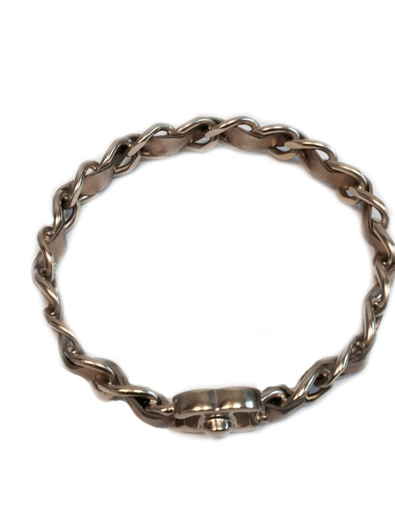 CHANEL bracelet leather interlaced gold metal
