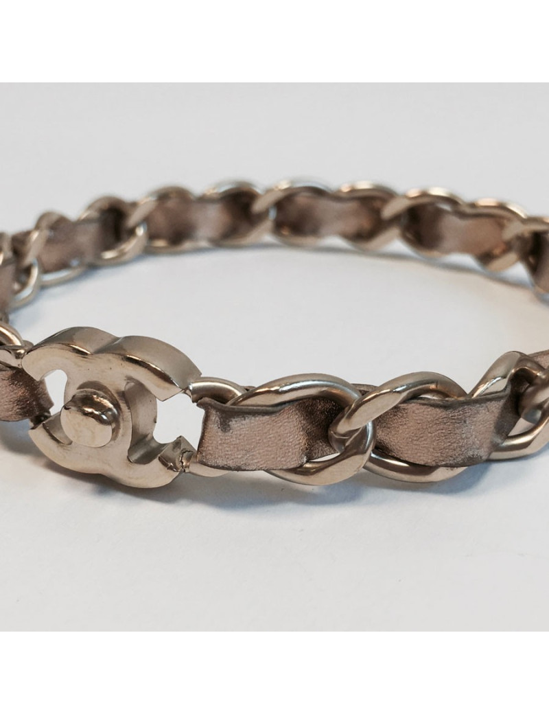 CHANEL bracelet leather interlaced gold metal