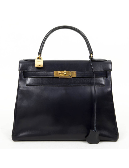Sac Kelly 28 HERMES en cuir box bleu nuit