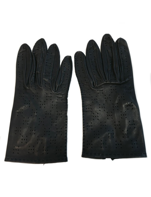 Gants HERMES en cuir bleu foncé perforé