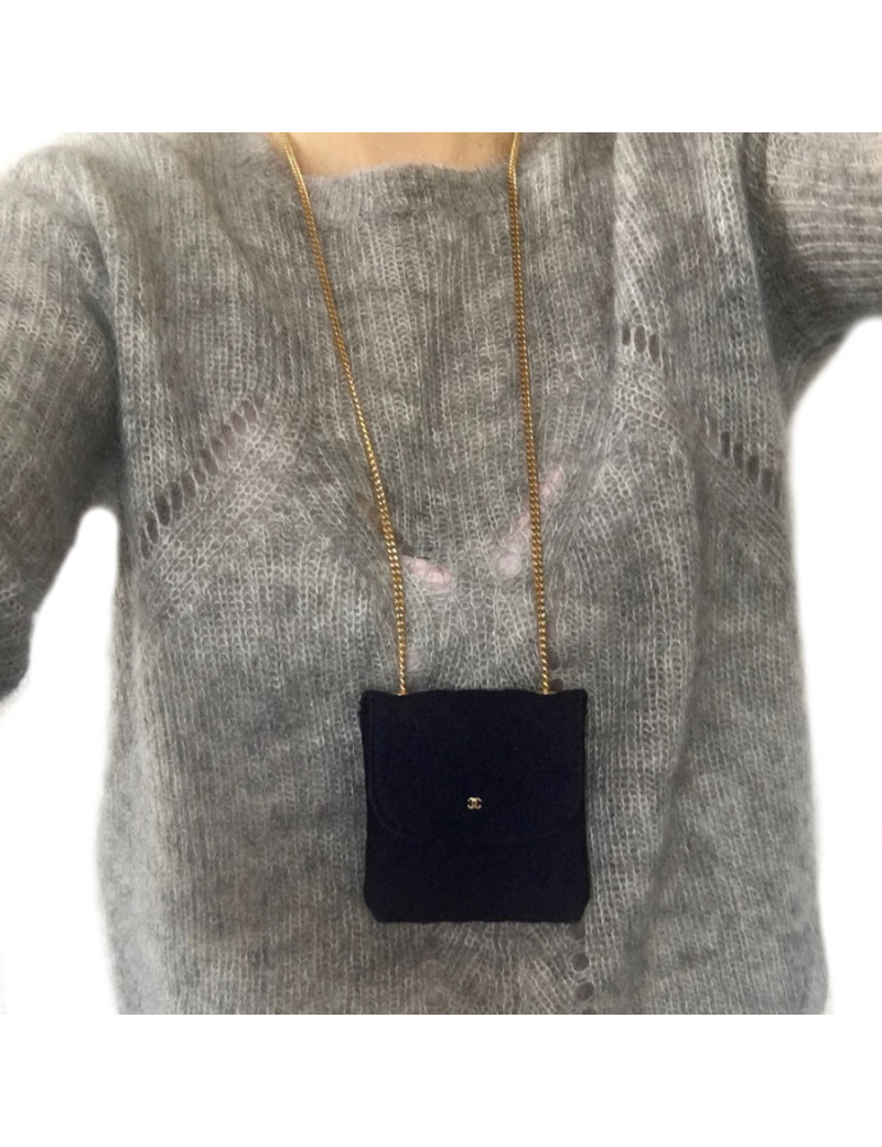 Mini sac-collier CHANEL en jersey bleu
