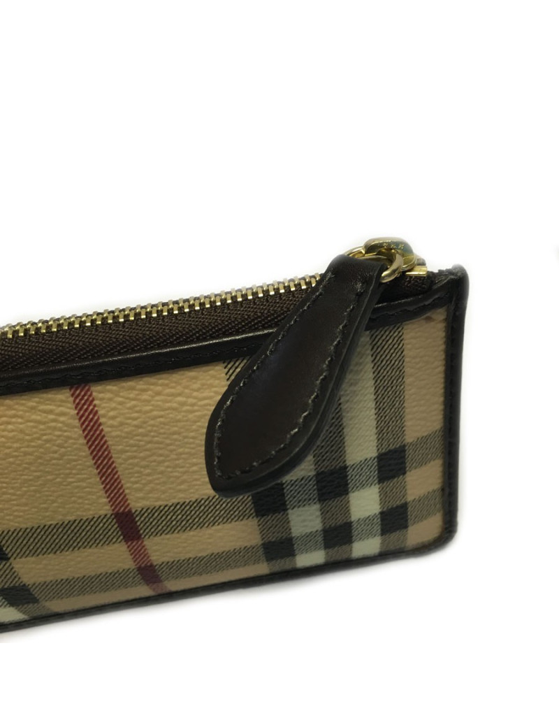 BURBERRY Haymarket Check canvas and brown leather Keyring pouch