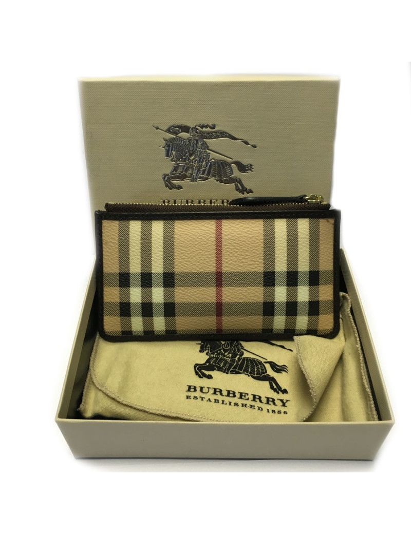BURBERRY Haymarket Check canvas and brown leather Keyring pouch