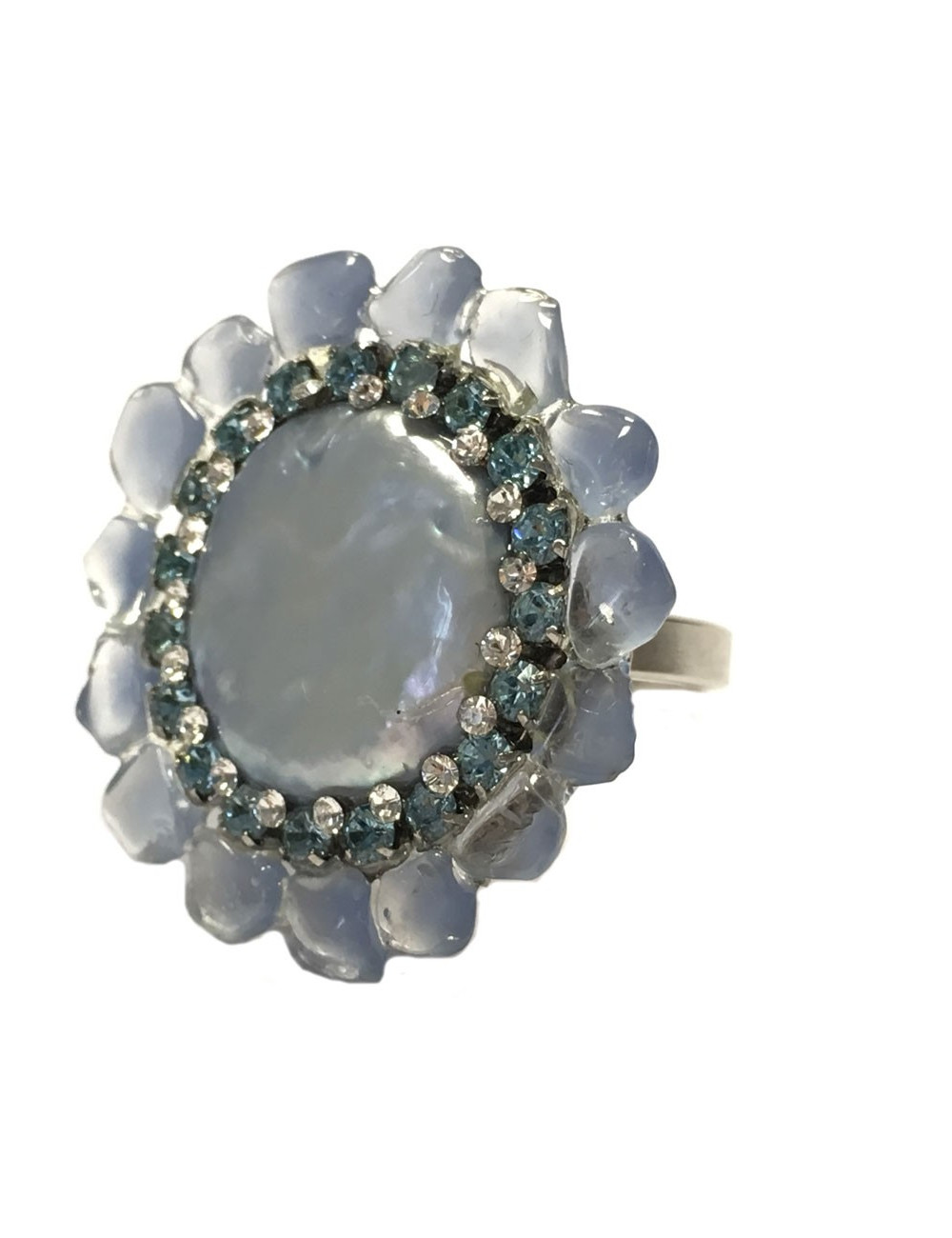 Bague fleur CHANEL haute couture pierre bleue et strass bleu