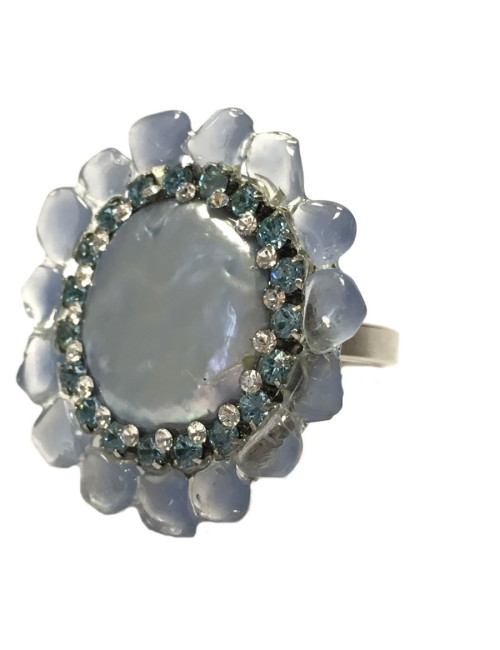 Bague fleur CHANEL haute couture pierre bleue et strass bleu