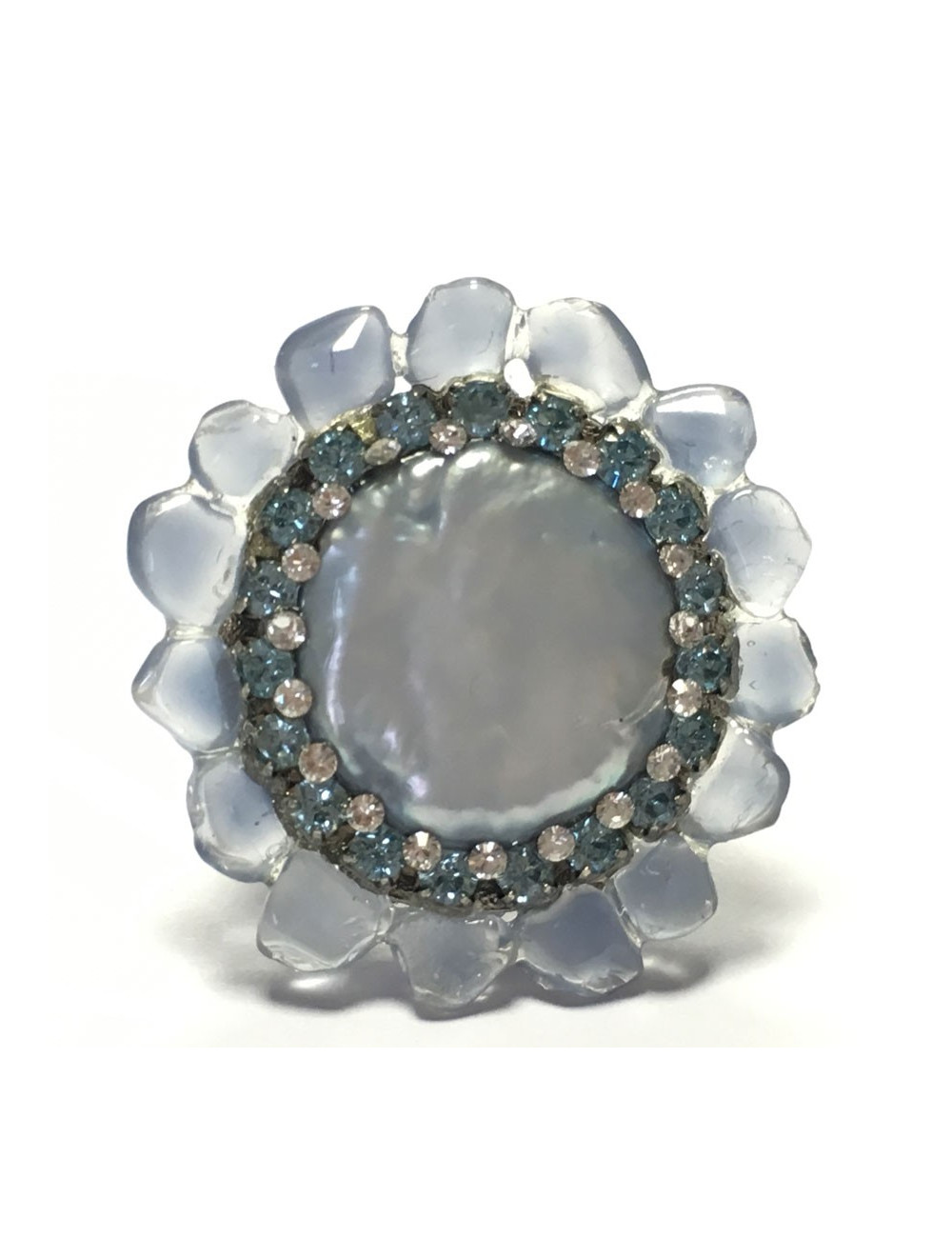 Ring flower CHANEL high resin and blue rhinestones sewing